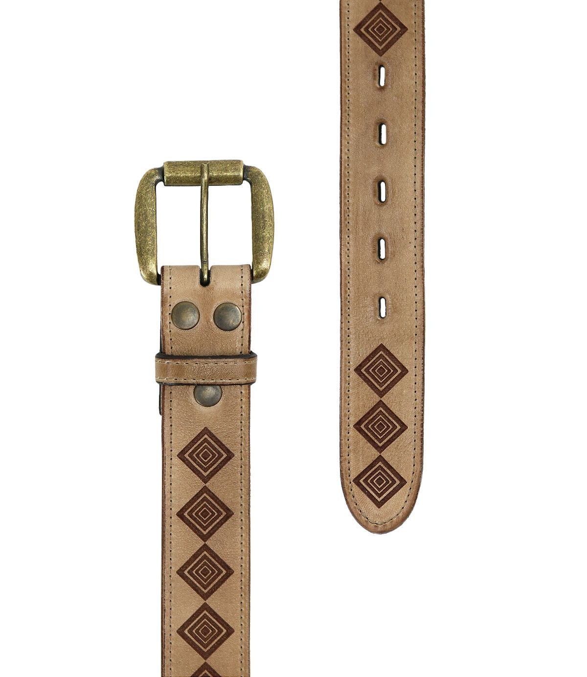 The Roam belt by Bed Stu is a tan leather accessory with a brass buckle, featuring an elegant design of brown diamond shapes repeated along its length, giving it an Aztec vibe.