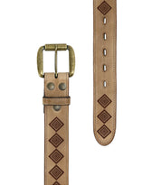 The Roam belt by Bed Stu is a tan leather accessory with a brass buckle, featuring an elegant design of brown diamond shapes repeated along its length, giving it an Aztec vibe.