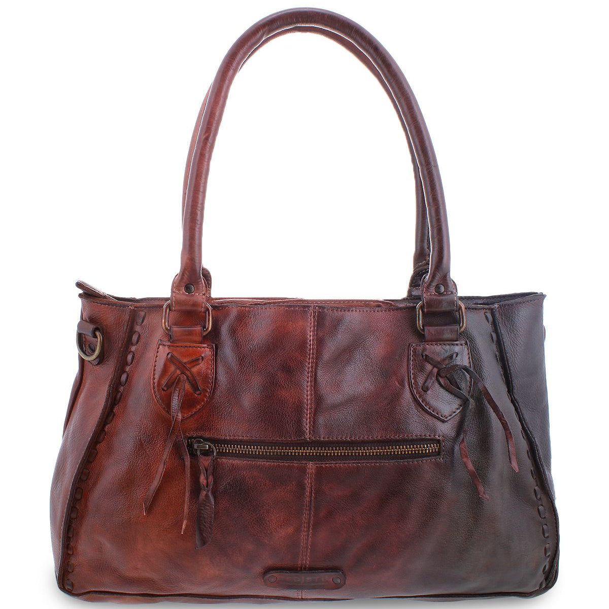 The Rockababy by Bed Stu is a brown leather handbag featuring two handles, a front zipper pocket, decorative stitching accents, and a versatile crossbody strap.