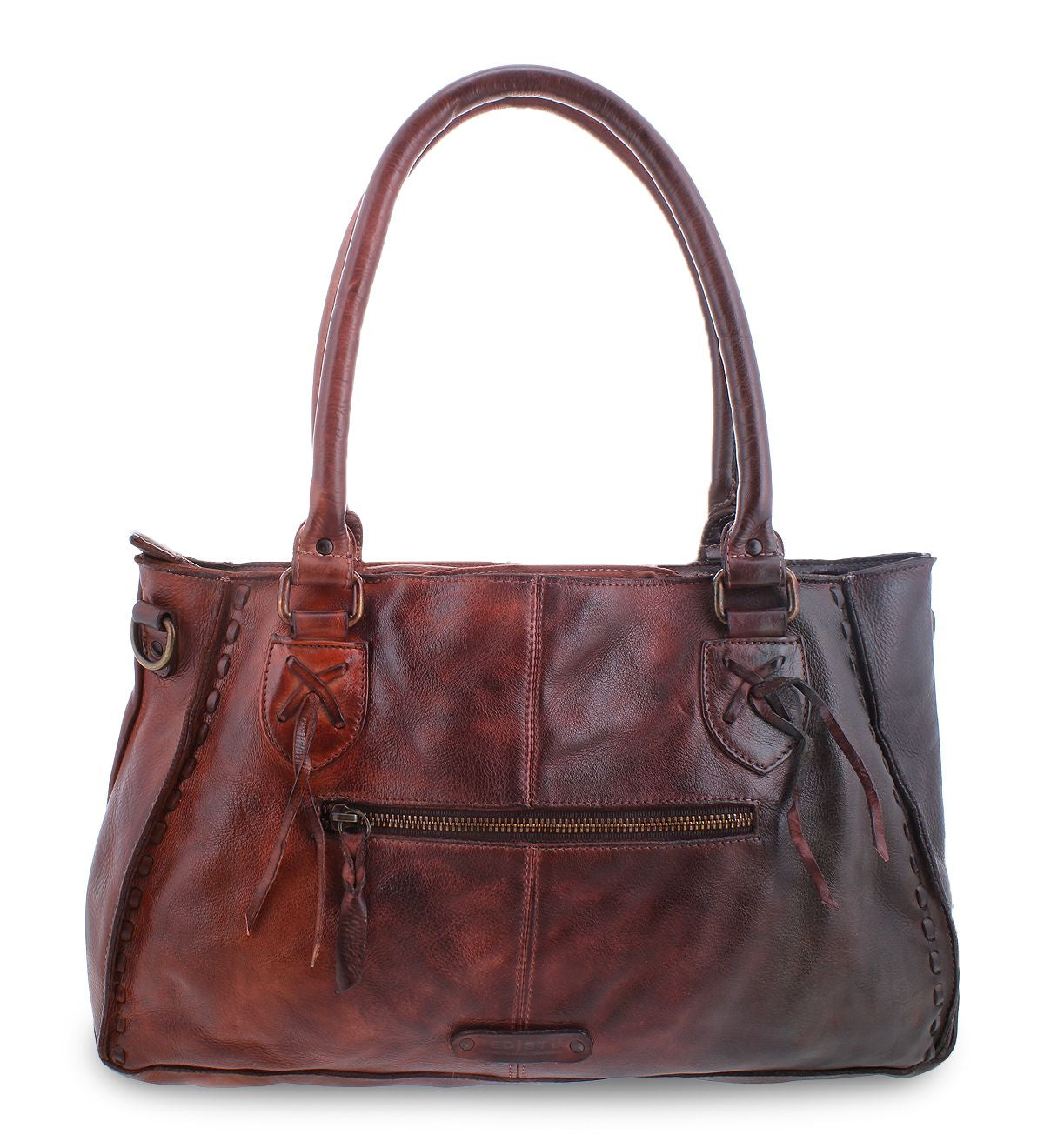 The Rockababy by Bed Stu is a brown leather handbag featuring two handles, a front zipper pocket, decorative stitching accents, and a versatile crossbody strap.