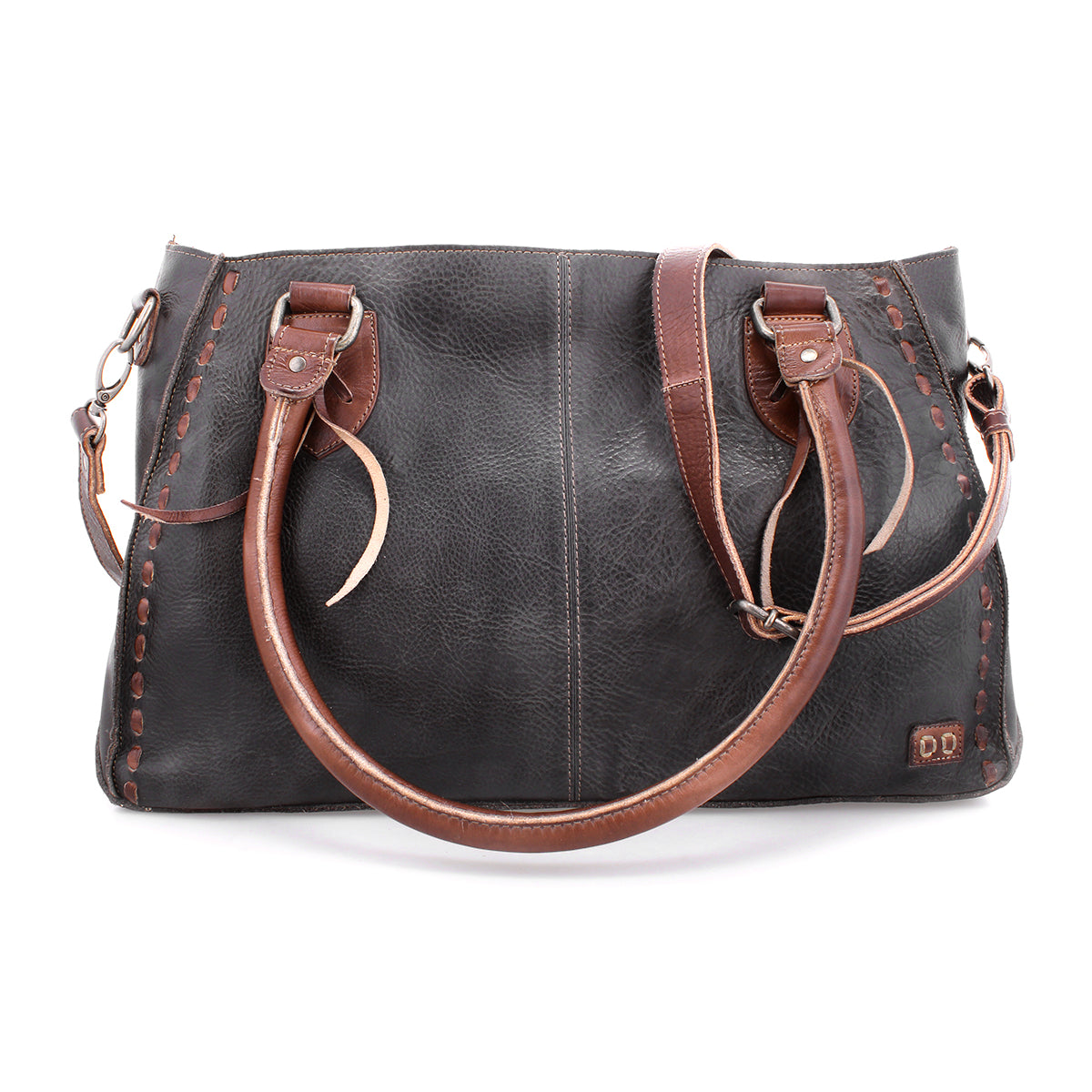 A Rockababy bag by Bed Stu, a compact option with black leather and brown handles.