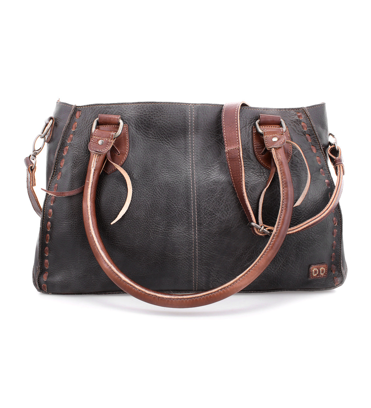 A Rockababy bag by Bed Stu, a compact option with black leather and brown handles.