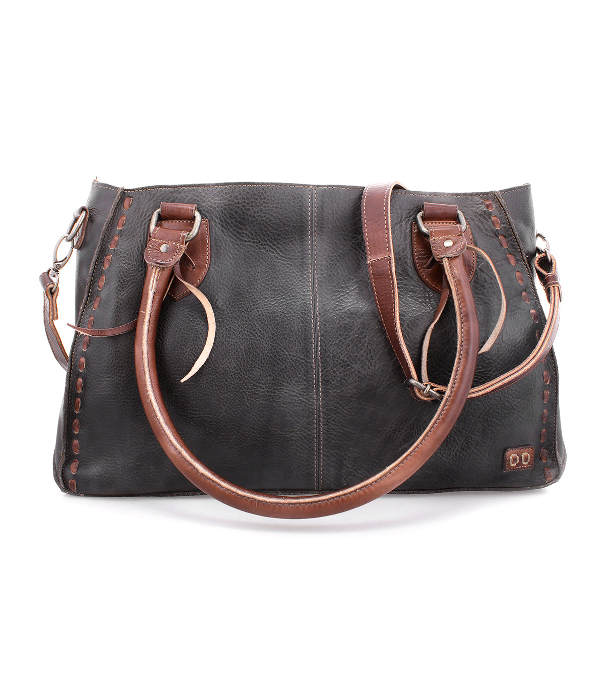 A Rockababy bag by Bed Stu, a compact option with black leather and brown handles.