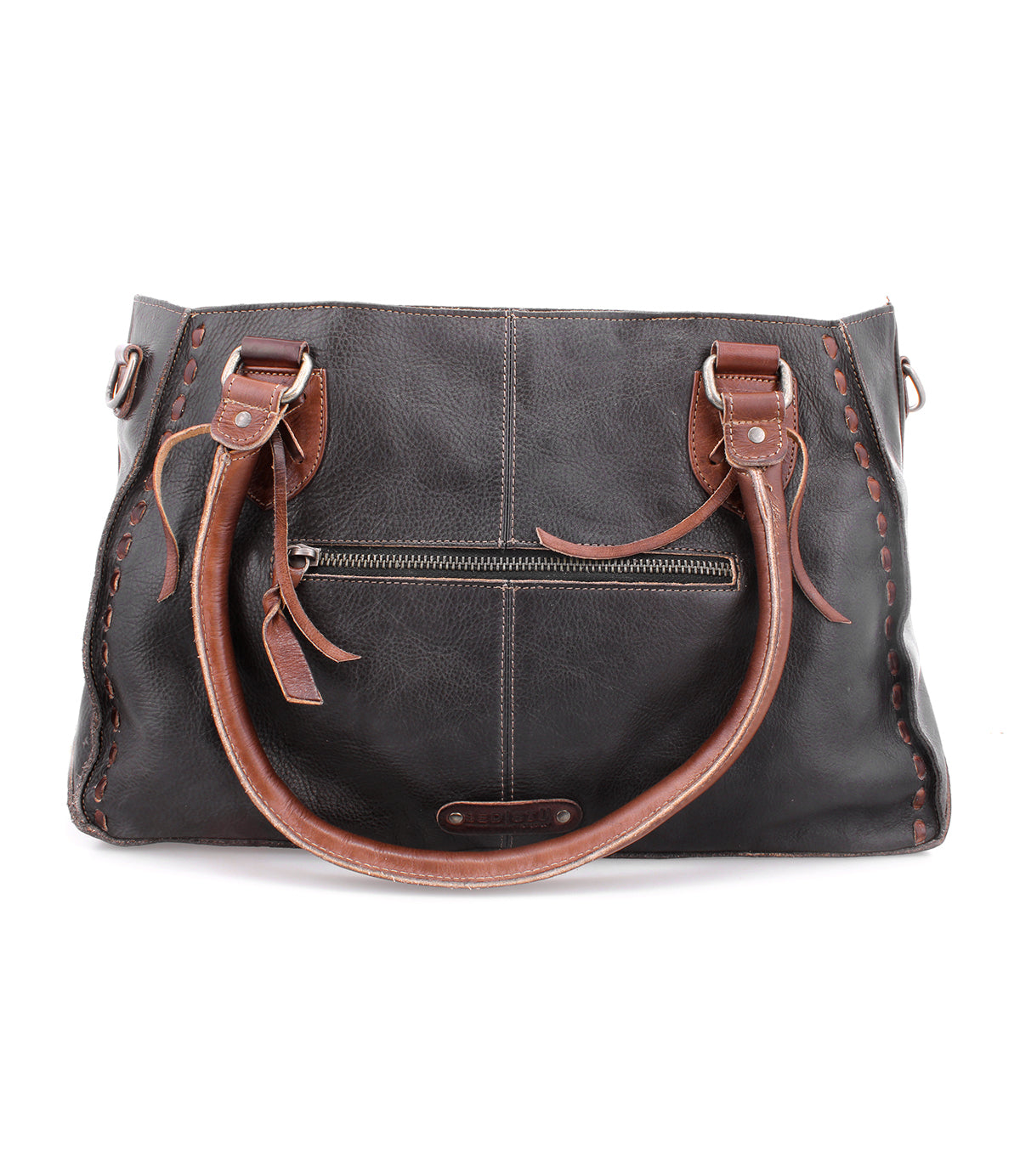 A compact Rockababy black leather everyday bag with Bed Stu brown straps.