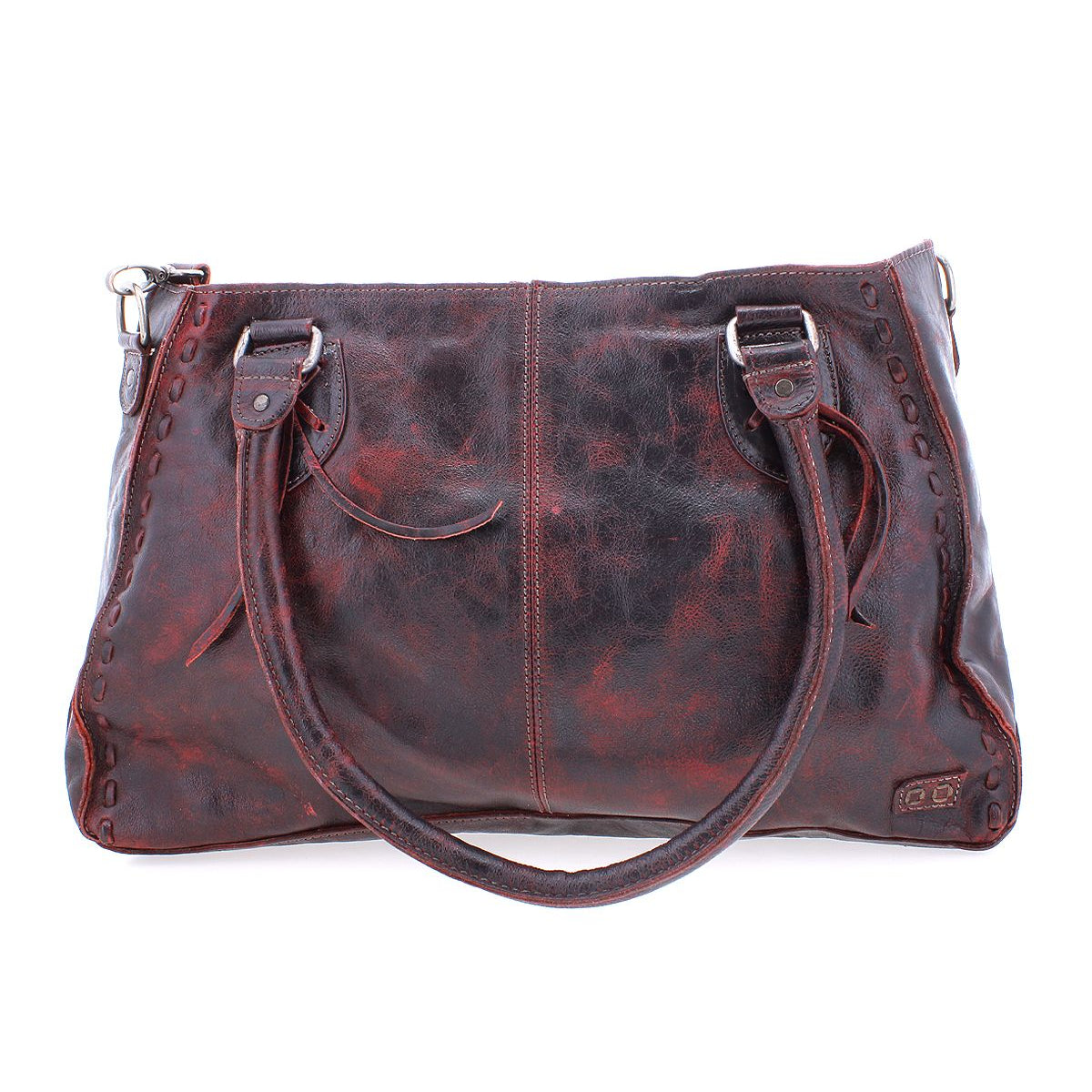The Bed Stu Rockababy is a large, dark brown leather handbag featuring two handles and decorative stitching on the edges, seamlessly blending practicality with elegance for a stylish everyday bag.