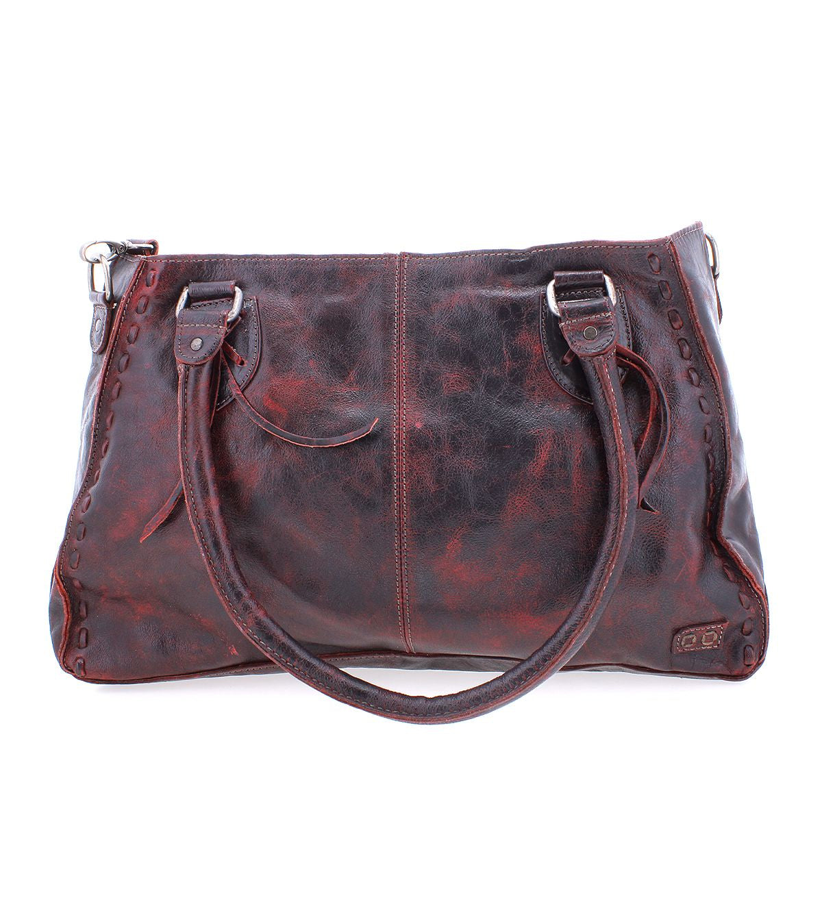 The Bed Stu Rockababy is a large, dark brown leather handbag featuring two handles and decorative stitching on the edges, seamlessly blending practicality with elegance for a stylish everyday bag.