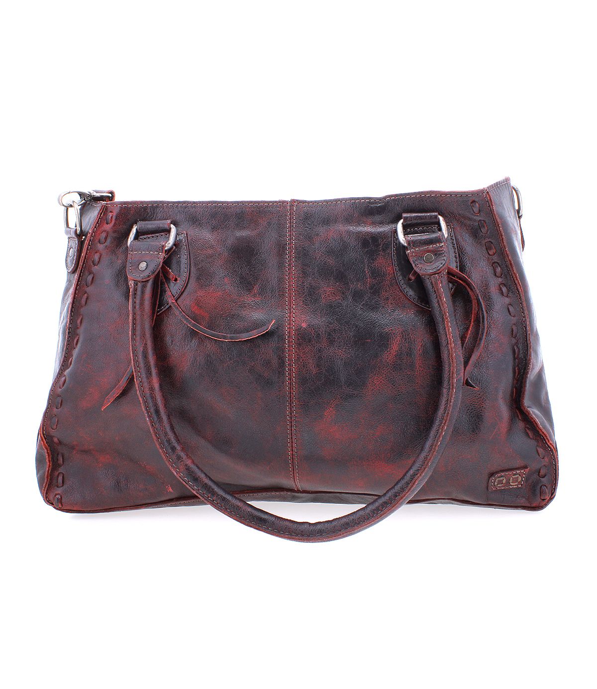 The Bed Stu Rockababy is a large, dark brown leather handbag featuring two handles and decorative stitching on the edges, seamlessly blending practicality with elegance for a stylish everyday bag.