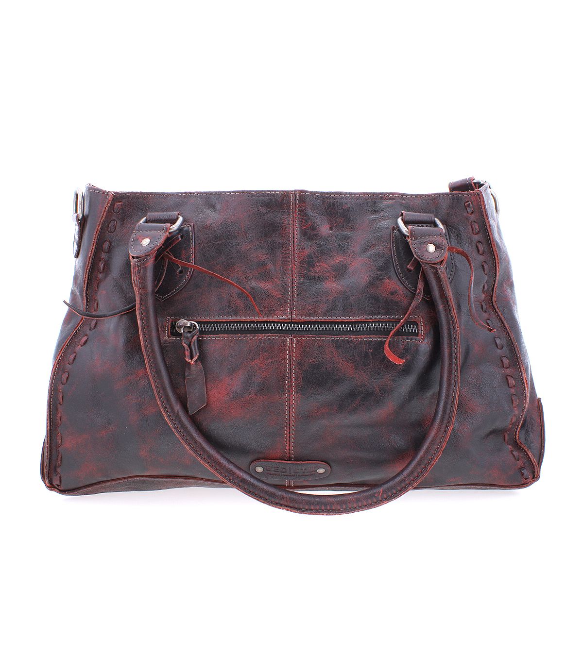 Introducing the Rockababy by Bed Stu, a dark brown leather handbag featuring a front zipper pocket and two shoulder straps. This compact bag is the perfect stylish everyday accessory.