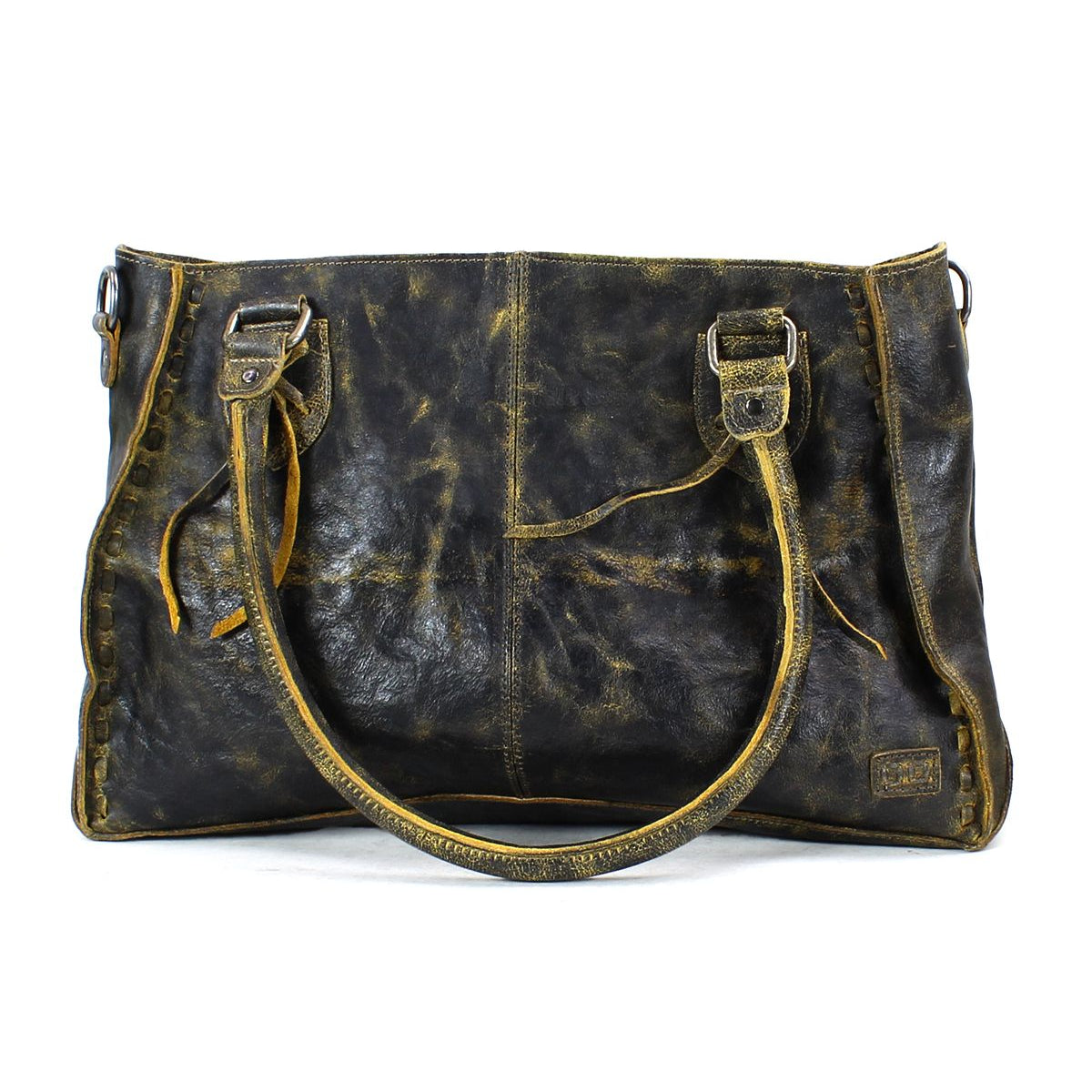 The Rockababy by Bed Stu is a distressed leather tote bag featuring dual handles and an aged, weathered appearance, perfect as an everyday bag.