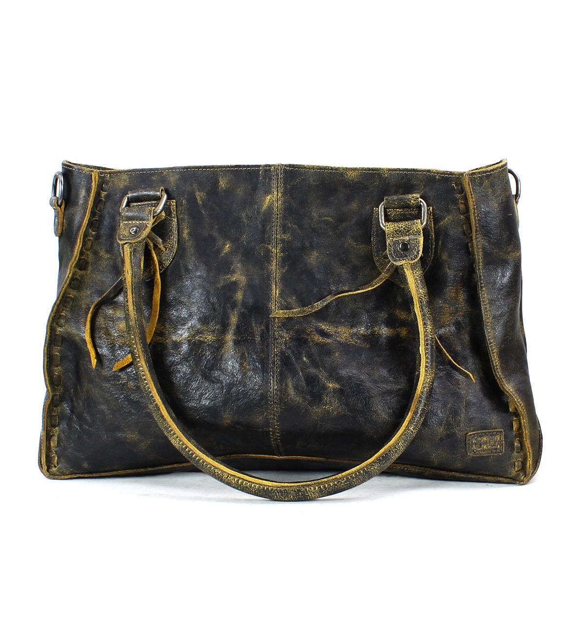 The Rockababy by Bed Stu is a distressed leather tote bag featuring dual handles and an aged, weathered appearance, perfect as an everyday bag.