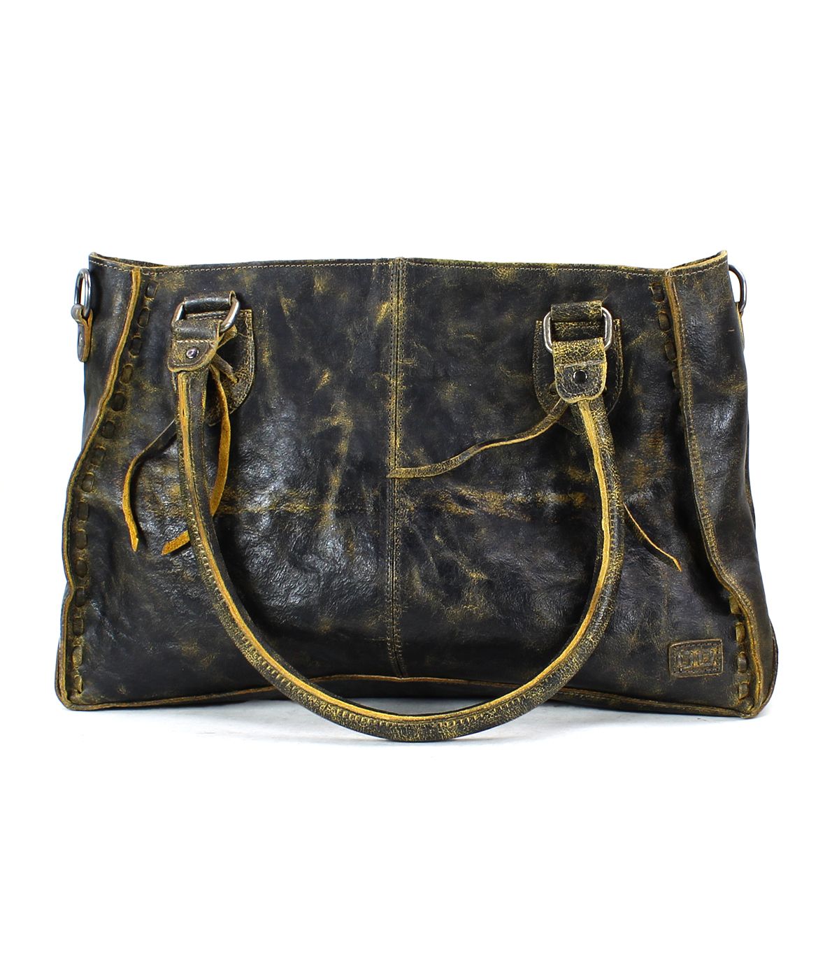 The Rockababy by Bed Stu is a distressed leather tote bag featuring dual handles and an aged, weathered appearance, perfect as an everyday bag.
