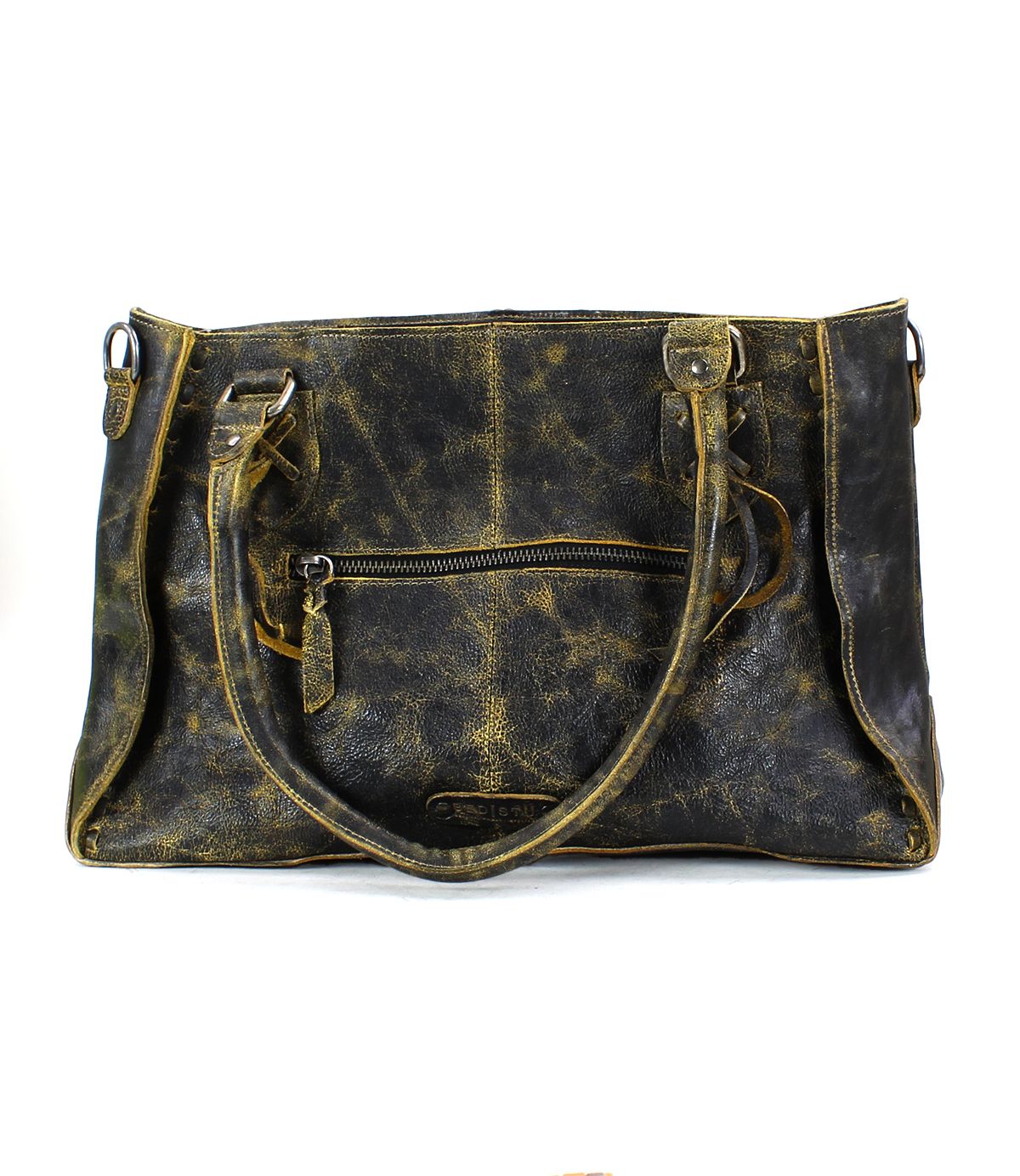 A distressed leather handbag by Bed Stu featuring Rockababy's signature style, with a front zipper pocket and two carrying handles—ideal as an everyday bag.