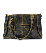 A distressed leather handbag by Bed Stu featuring Rockababy's signature style, with a front zipper pocket and two carrying handles—ideal as an everyday bag.