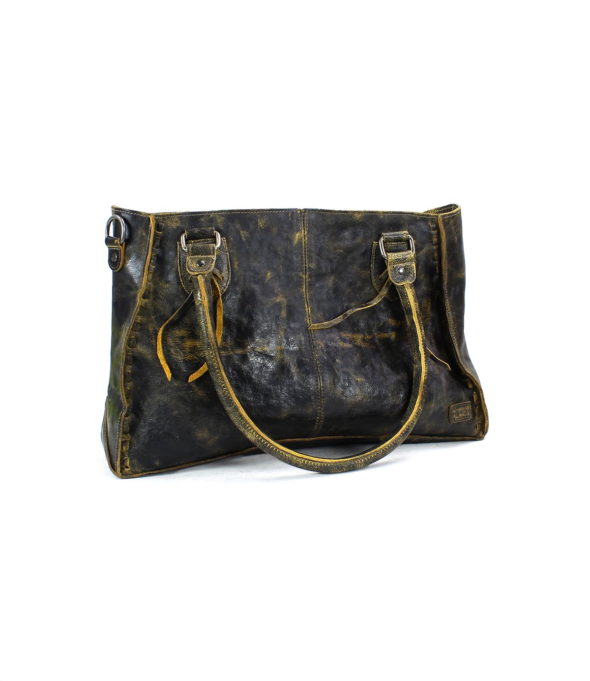Introducing the Rockababy by Bed Stu: a vintage-style leather handbag featuring dual handles and a worn, distressed finish. Perfect for everyday use, it boasts a spacious design with eye-catching stitching details.