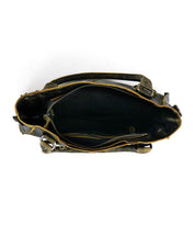 Top view of an open, olive-green Bed Stu Rockababy handbag with a zippered main compartment, interior pockets, and shoulder straps. This stylish and versatile everyday bag appears empty.