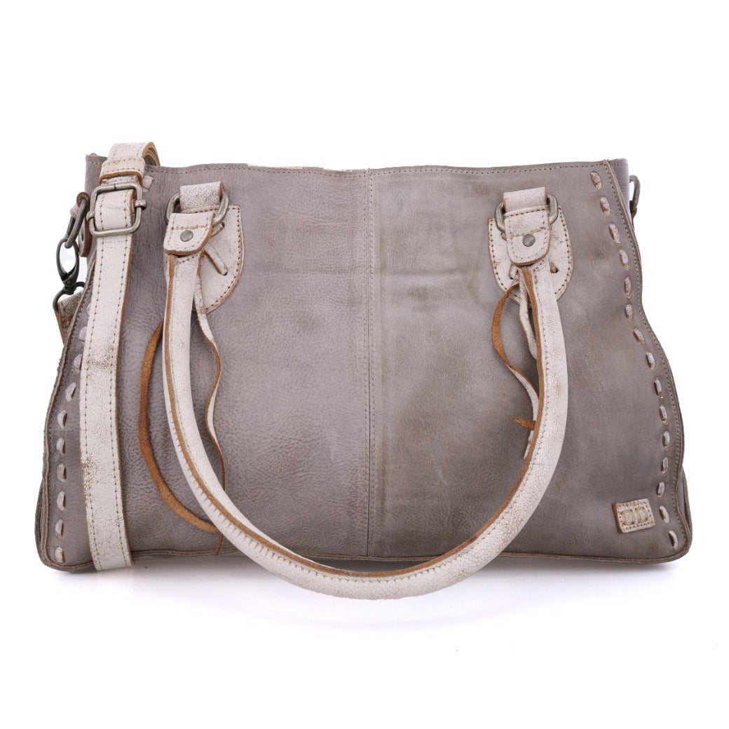 A Rockababy grey leather handbag with white straps by Bed Stu.