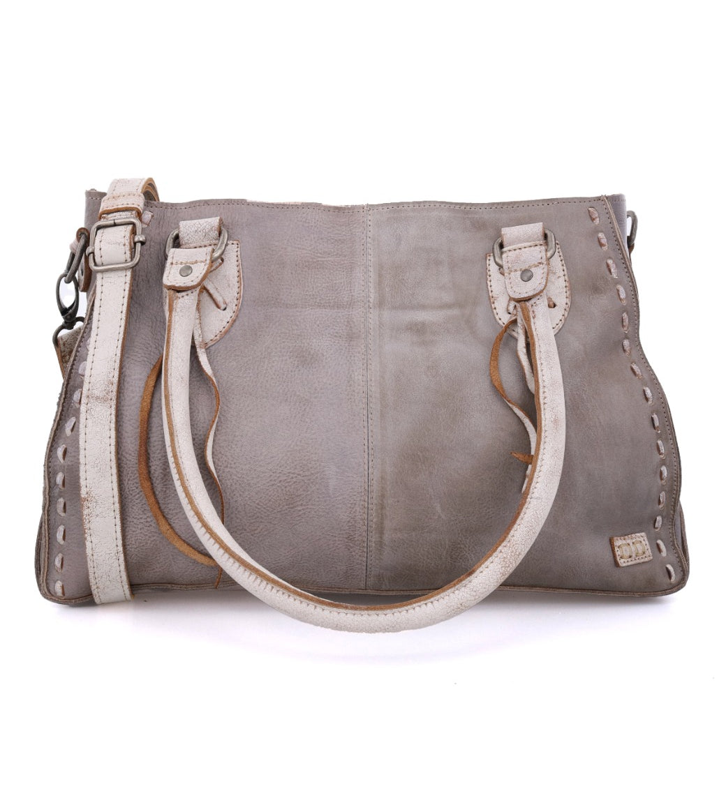 A Rockababy grey leather handbag with white straps by Bed Stu.