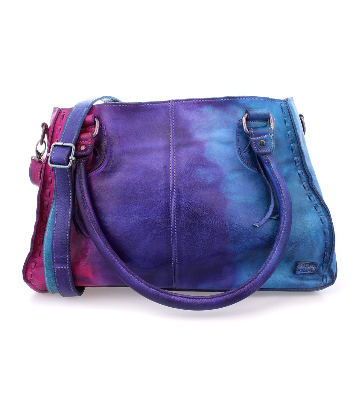 A pink, purple and blue dyed leather Rockababy handbag with a strap by Bed Stu.