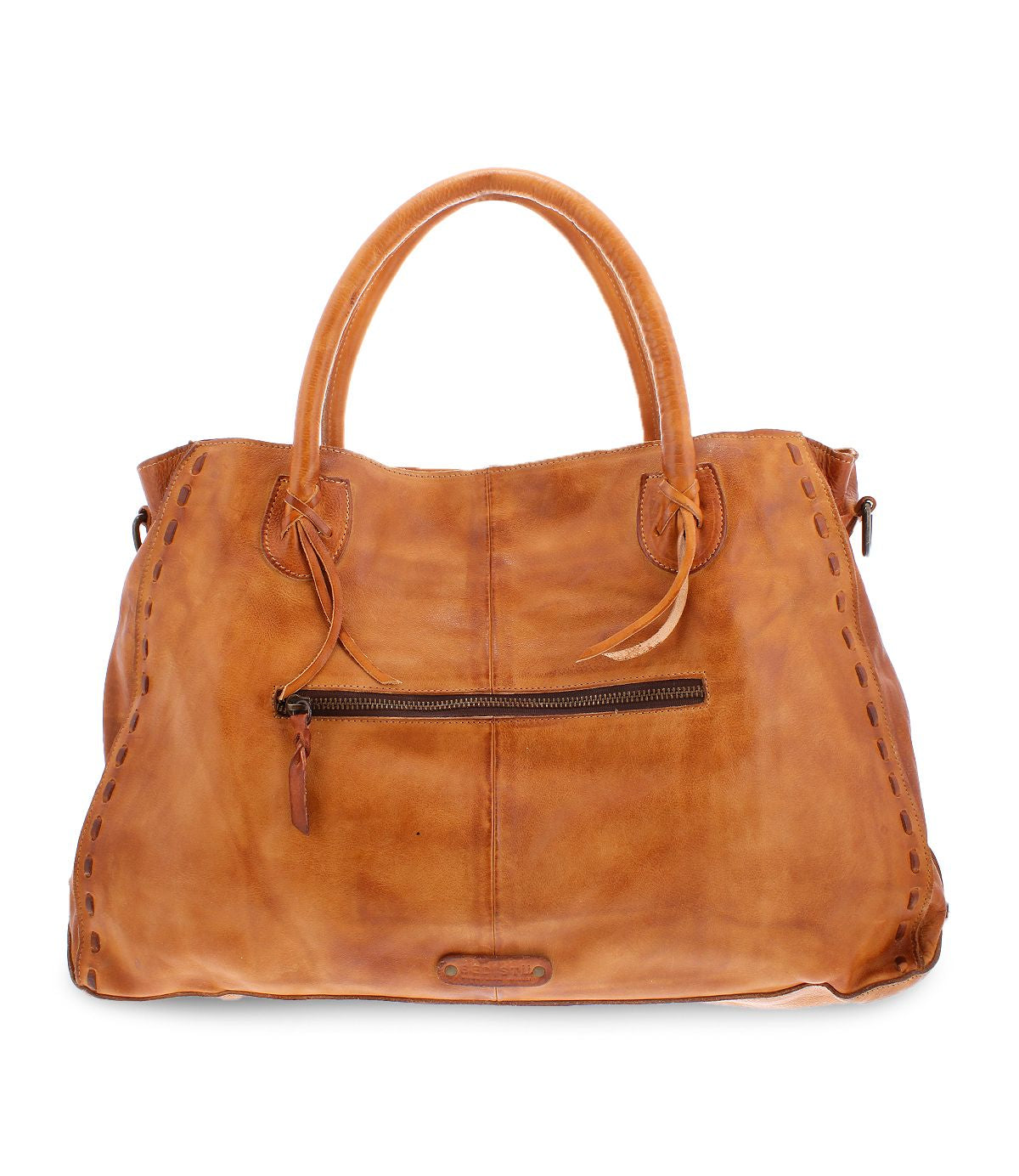 The Rockaway by Bed Stu is a large tan leather handbag featuring dual handles and a fan-favorite front zippered pocket.