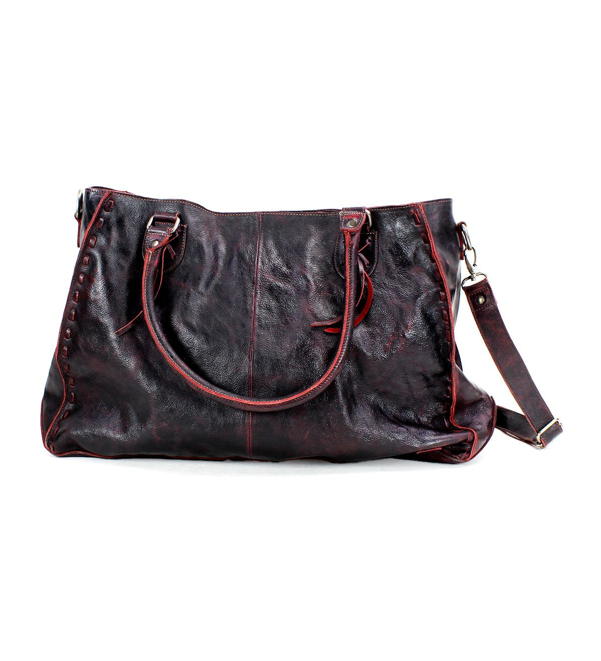 The Rockaway handbag by Bed Stu is a large, dark brown leather accessory with red stitching, featuring two handles and an adjustable shoulder strap that epitomizes functionality.