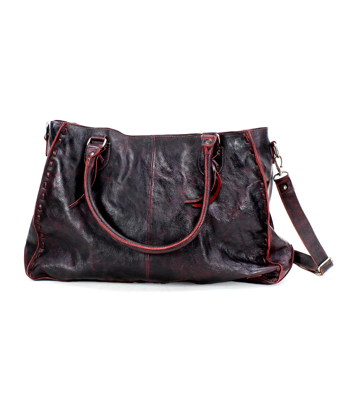 The Rockaway handbag by Bed Stu is a large, dark brown leather accessory with red stitching, featuring two handles and an adjustable shoulder strap that epitomizes functionality.