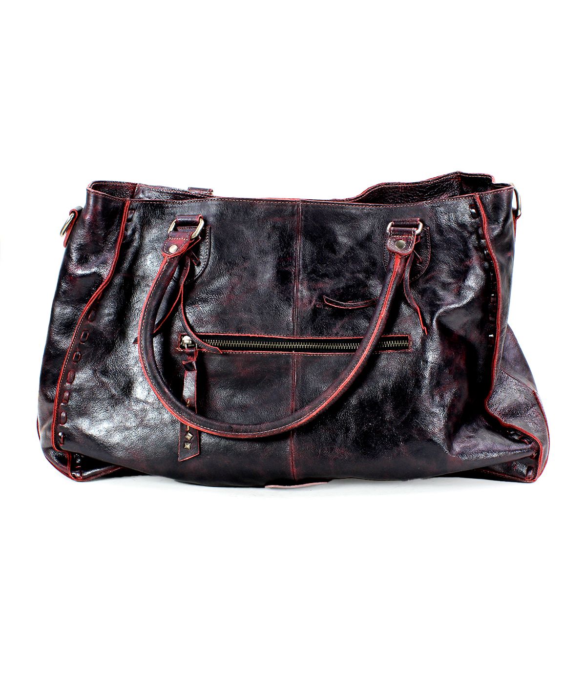 A best-selling large black leather handbag with red stitching from Bed Stu, known as Rockaway, features two handles, a front zipper pocket, and visible creases, though it shows signs of wear.