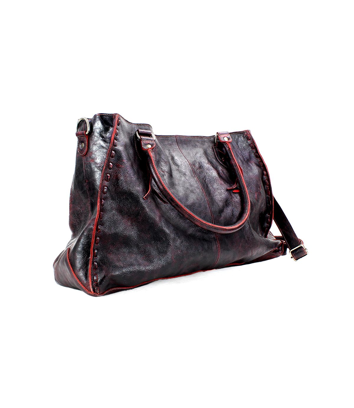 The Bed Stu Rockaway is a large black leather handbag with red stitching, featuring double handles and an adjustable shoulder strap. This best-selling bag effortlessly combines style with functionality.