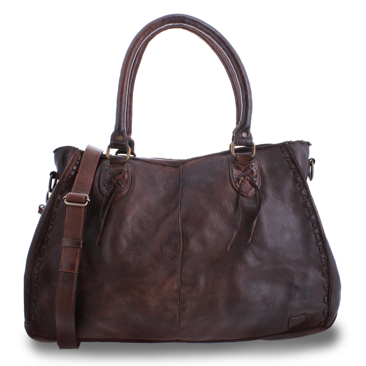 The Rockaway handbag from Bed Stu, crafted from luxurious brown leather, is a best-seller featuring two handles and a well-organized interior. It also includes a detachable shoulder strap for versatile styling options.