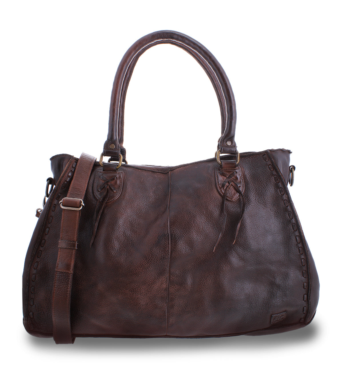 The Rockaway handbag from Bed Stu, crafted from luxurious brown leather, is a best-seller featuring two handles and a well-organized interior. It also includes a detachable shoulder strap for versatile styling options.