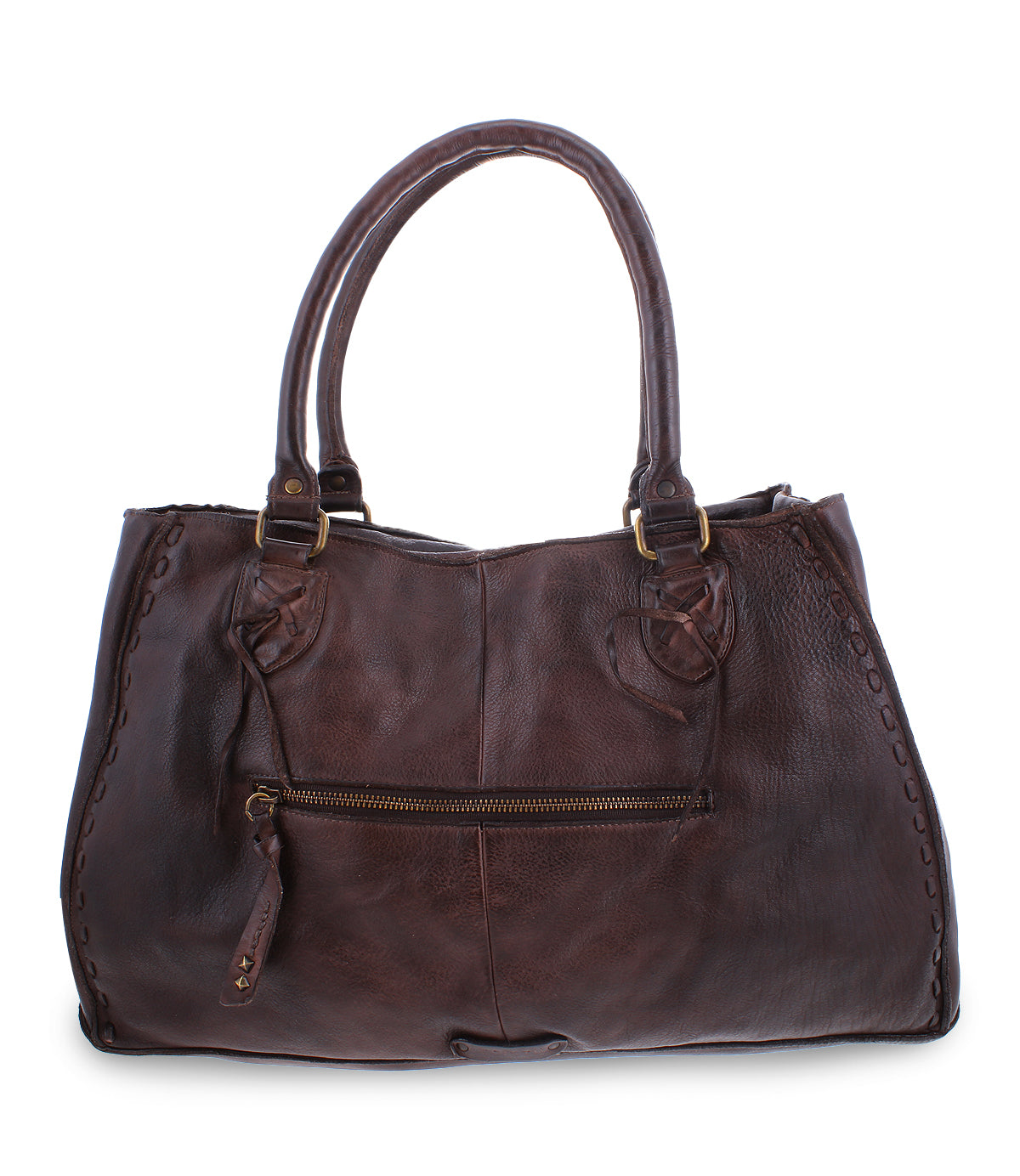 The Rockaway by Bed Stu is a best-selling dark brown leather handbag featuring two handles and a front zipper pocket, ensuring effortless organization.