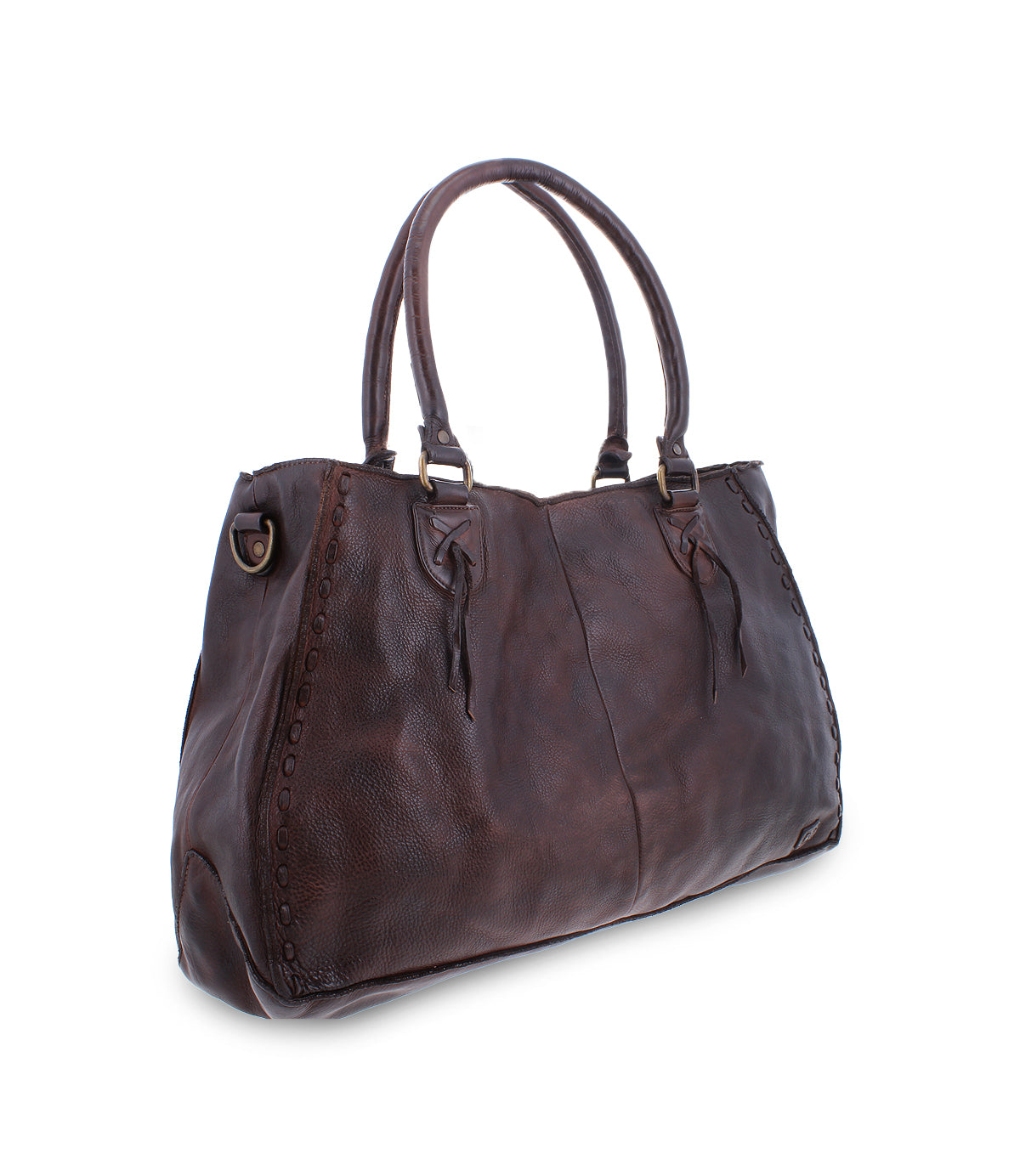 The Rockaway by Bed Stu, our top-selling bag, is a spacious brown leather handbag with dual handles and stitched detailing on the sides, designed to keep you organized with style.