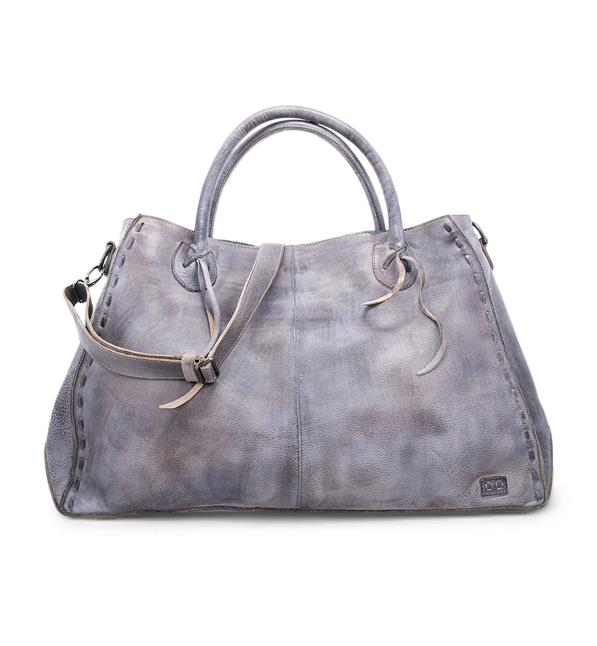 A Bed Stu Rockaway grey leather handbag with straps and handles, combining functionality and style.