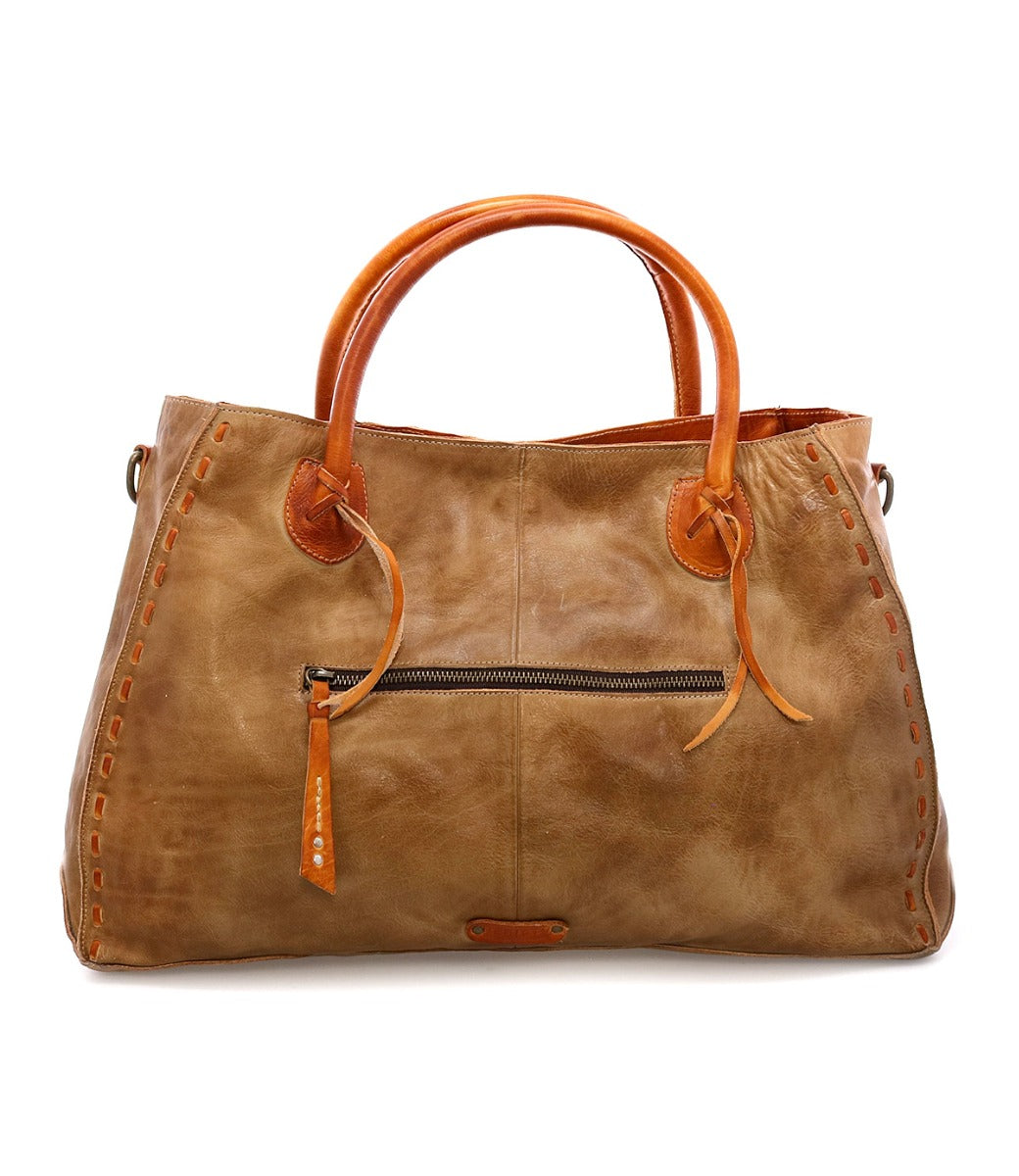 A Rockaway by Bed Stu tan leather tote bag with orange handles.