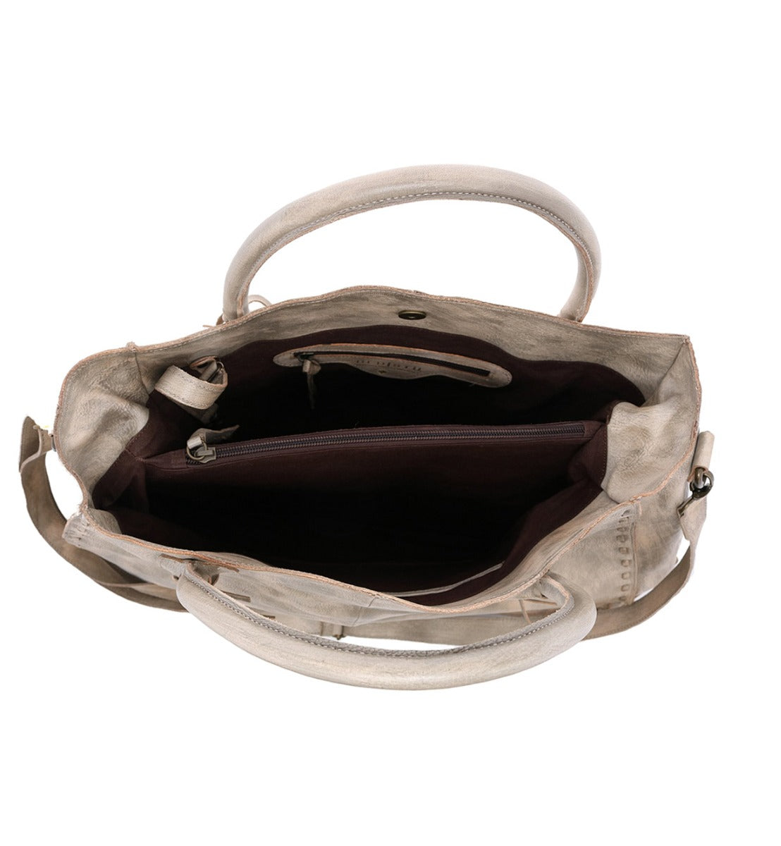 The inside of a Rockaway handbag with a zipper by Bed Stu.