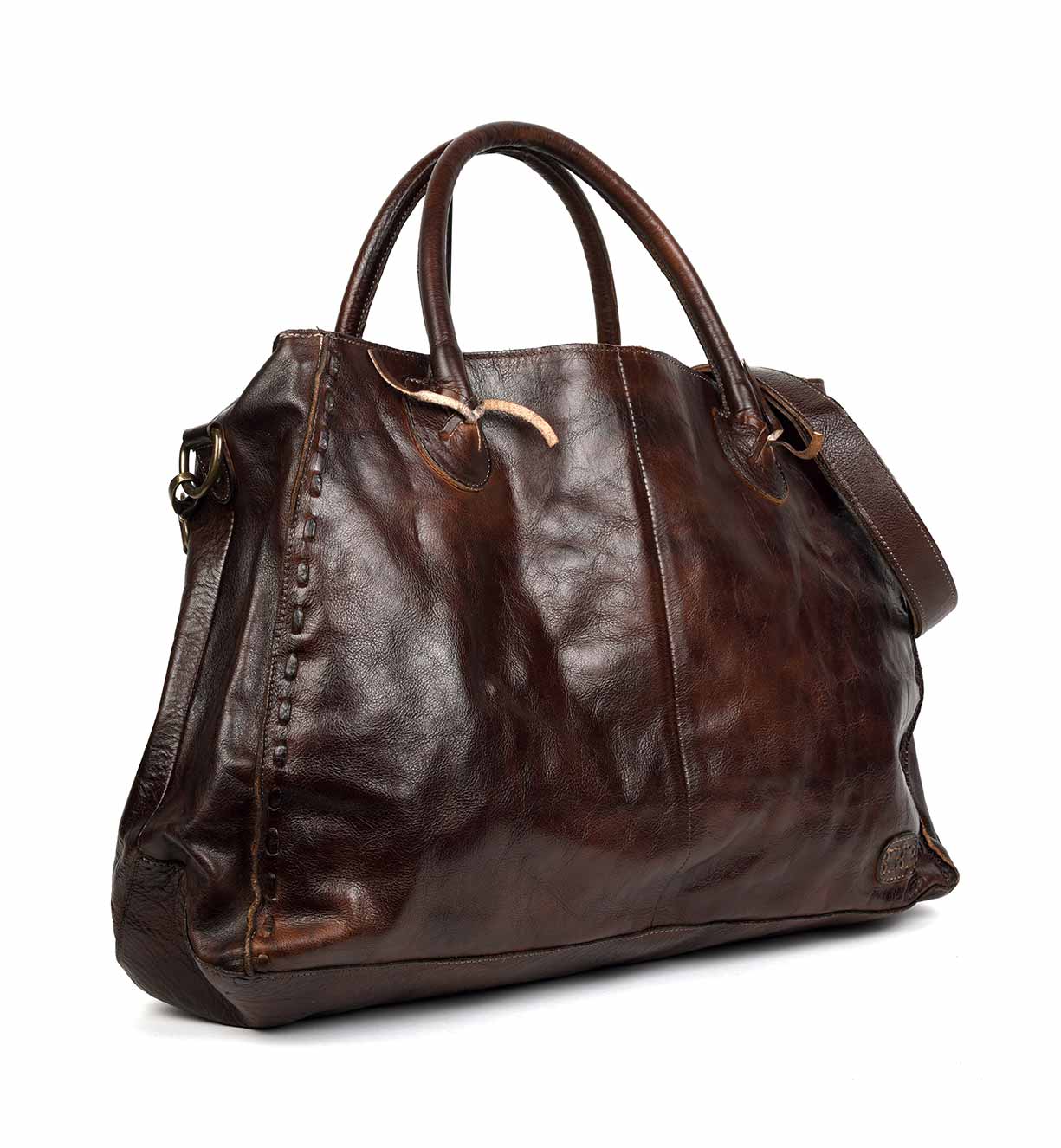 A Bed Stu Rockaway brown leather tote bag on a white background.