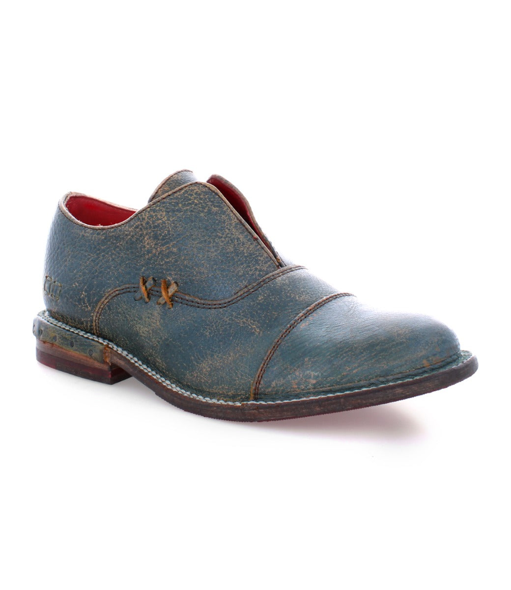 A men's Bed Stu Rose blue leather oxford shoe on a white background.