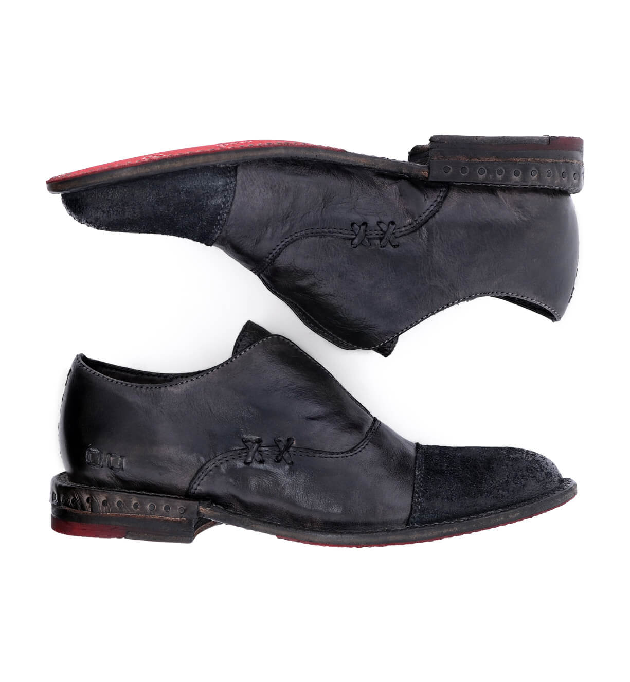 A pair of Rose black leather shoes with red soles by Bed Stu.