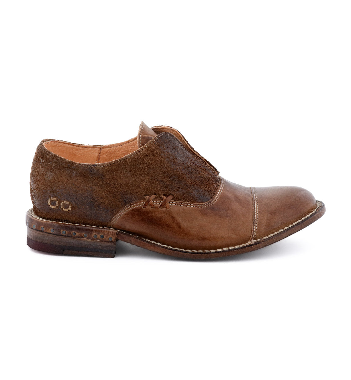 A men's brown Bed Stu Rose oxford shoe with a leather sole.