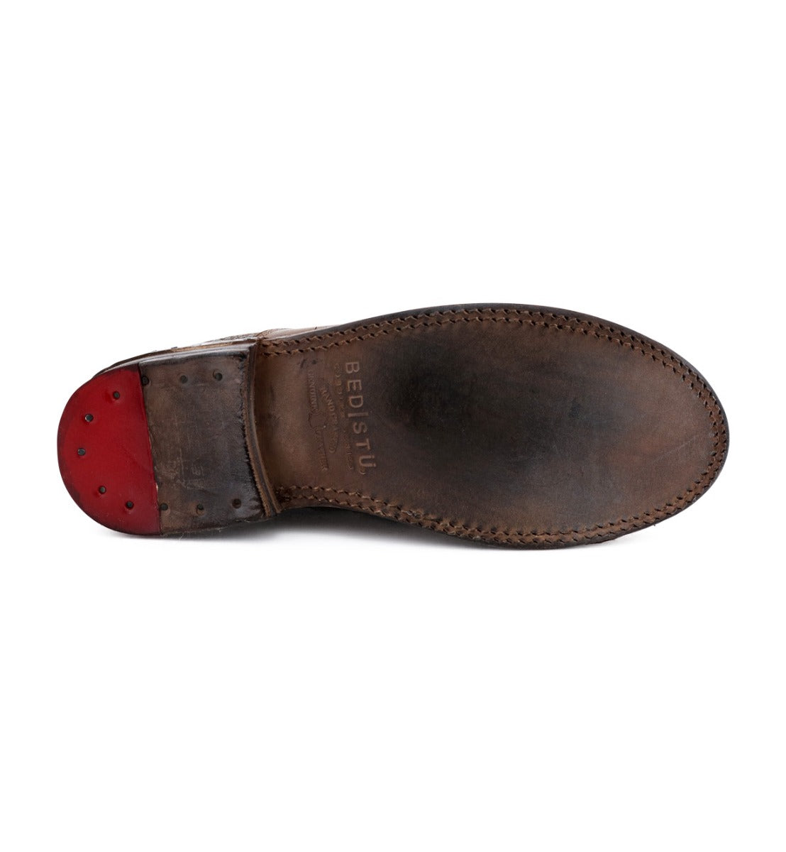 A Rose by Bed Stu brown leather shoe with red soles.