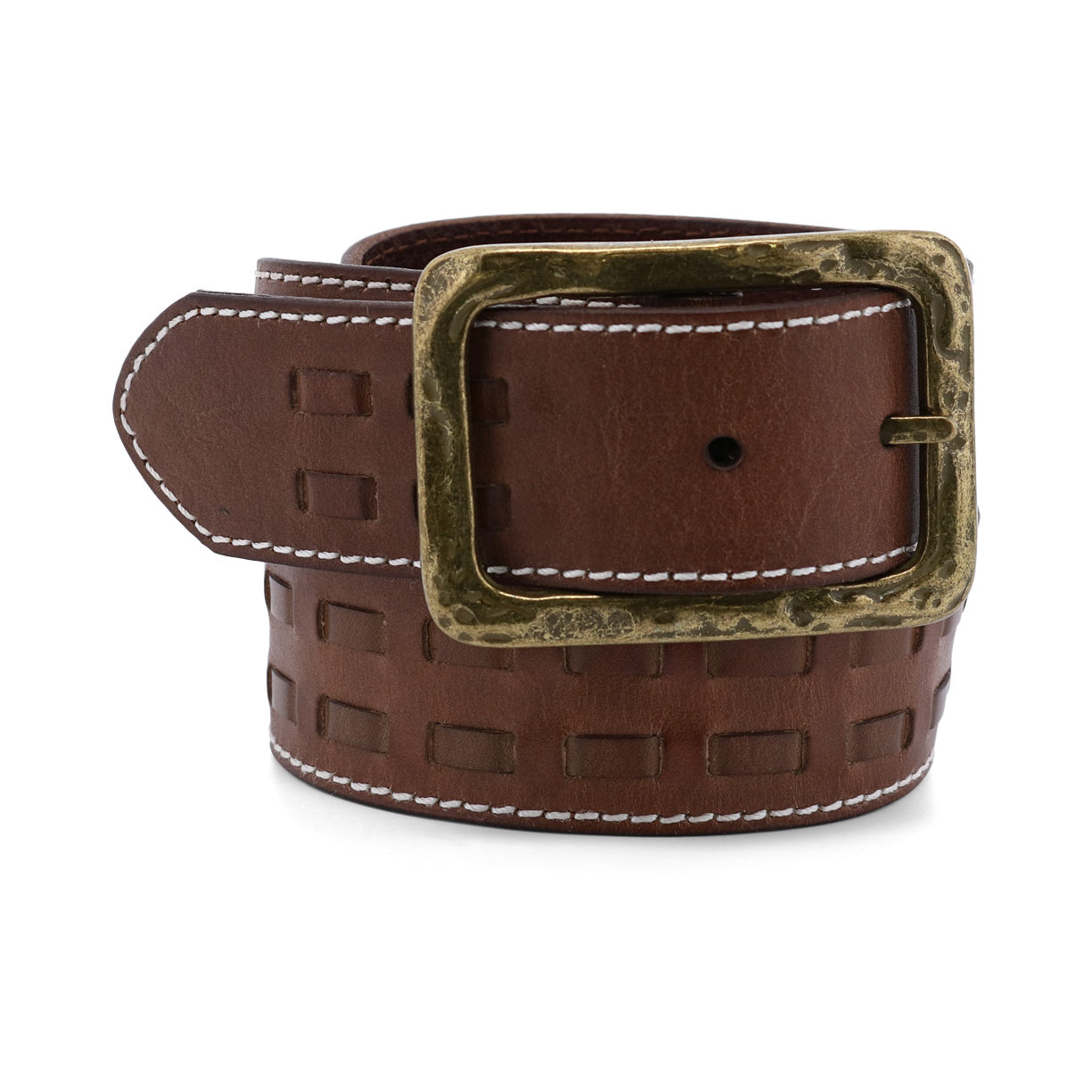 A Ross brown leather belt with a brass buckle from Bed Stu.