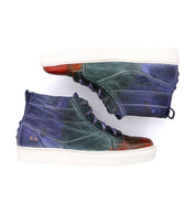 A pair of Rossela high top sneakers with a tie dye pattern by Bed Stu.