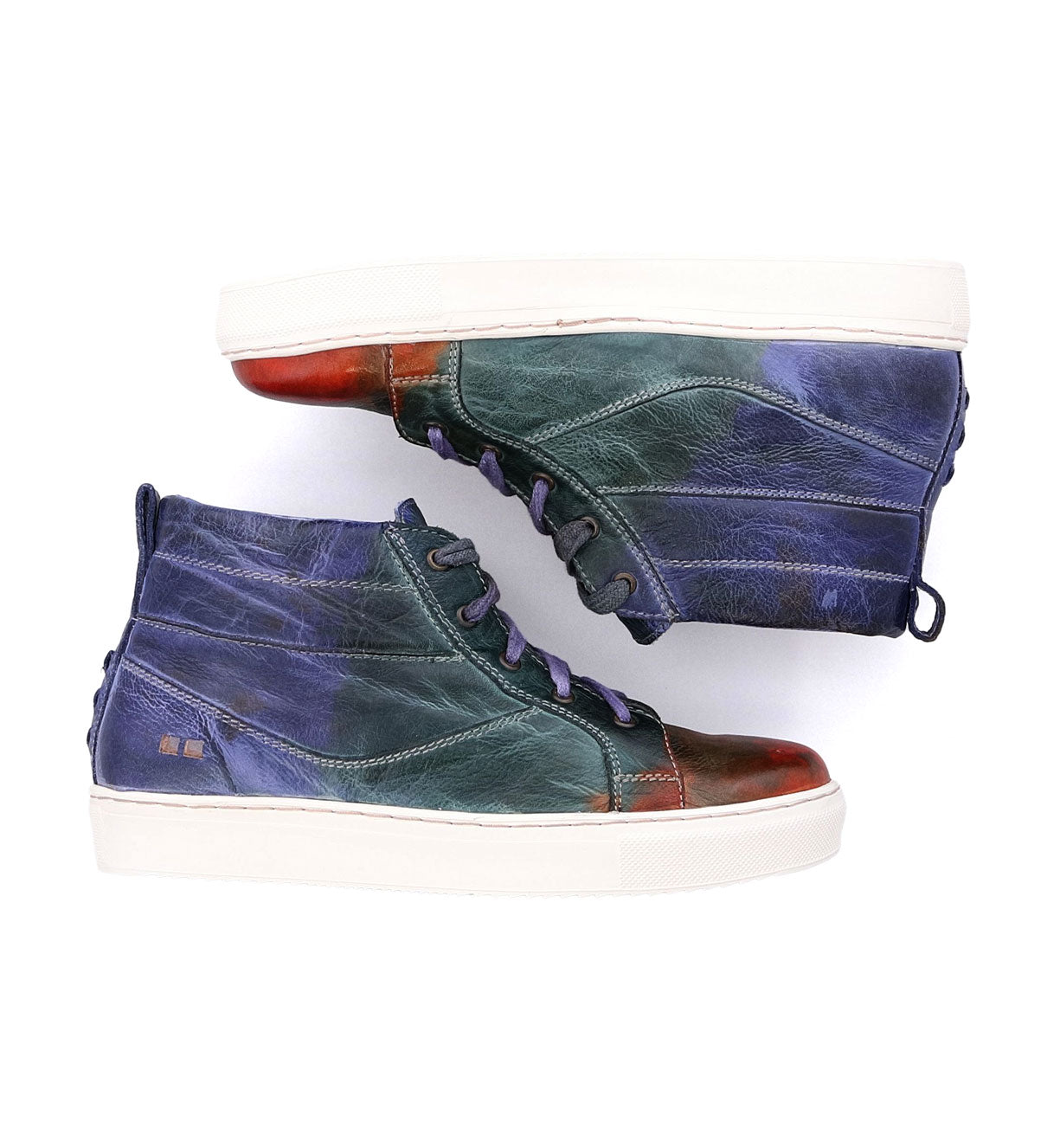 A pair of Rossela high top sneakers with a tie dye pattern by Bed Stu.