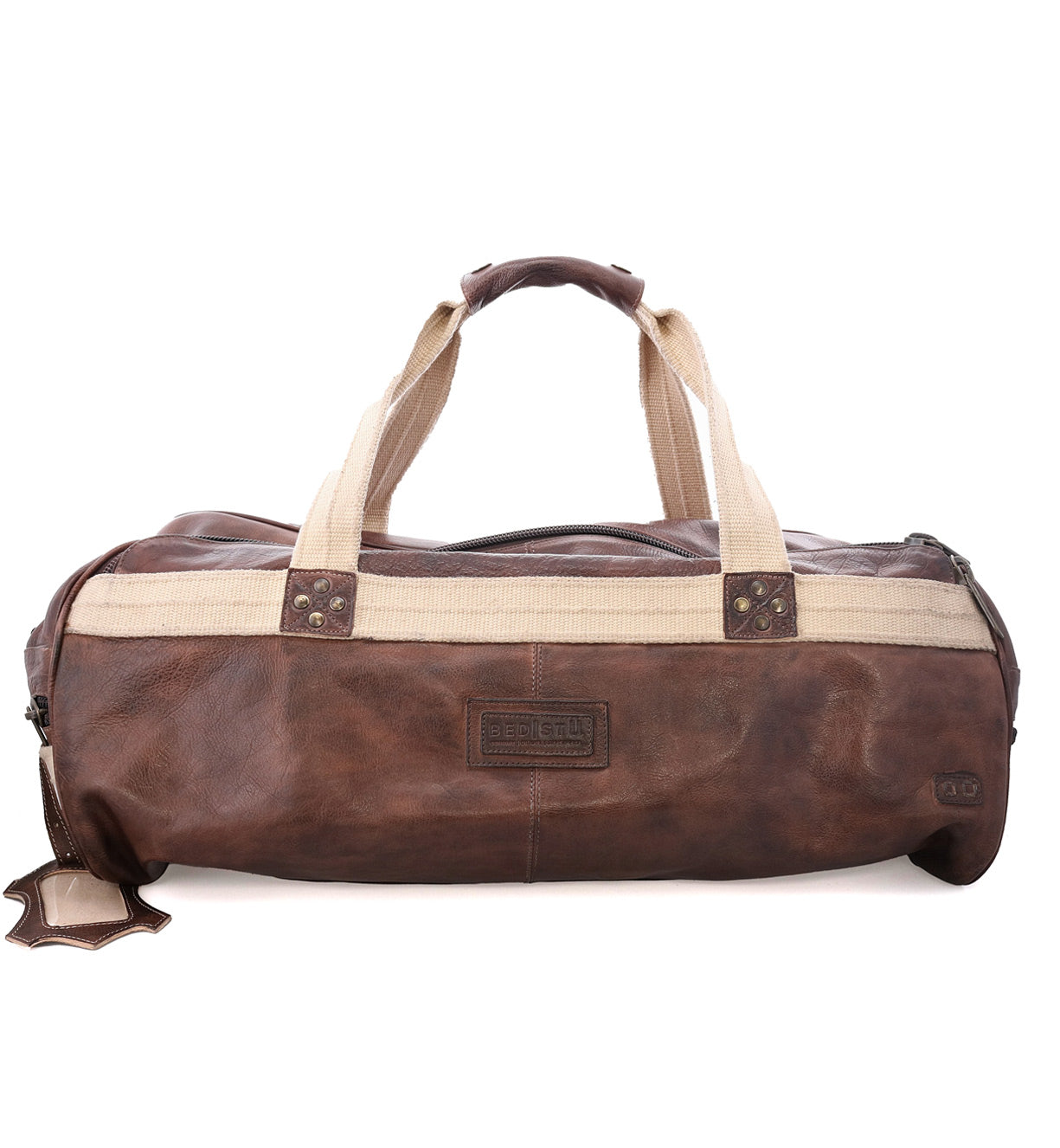 A Ruslan leather duffel bag by Bed Stu with two handles.