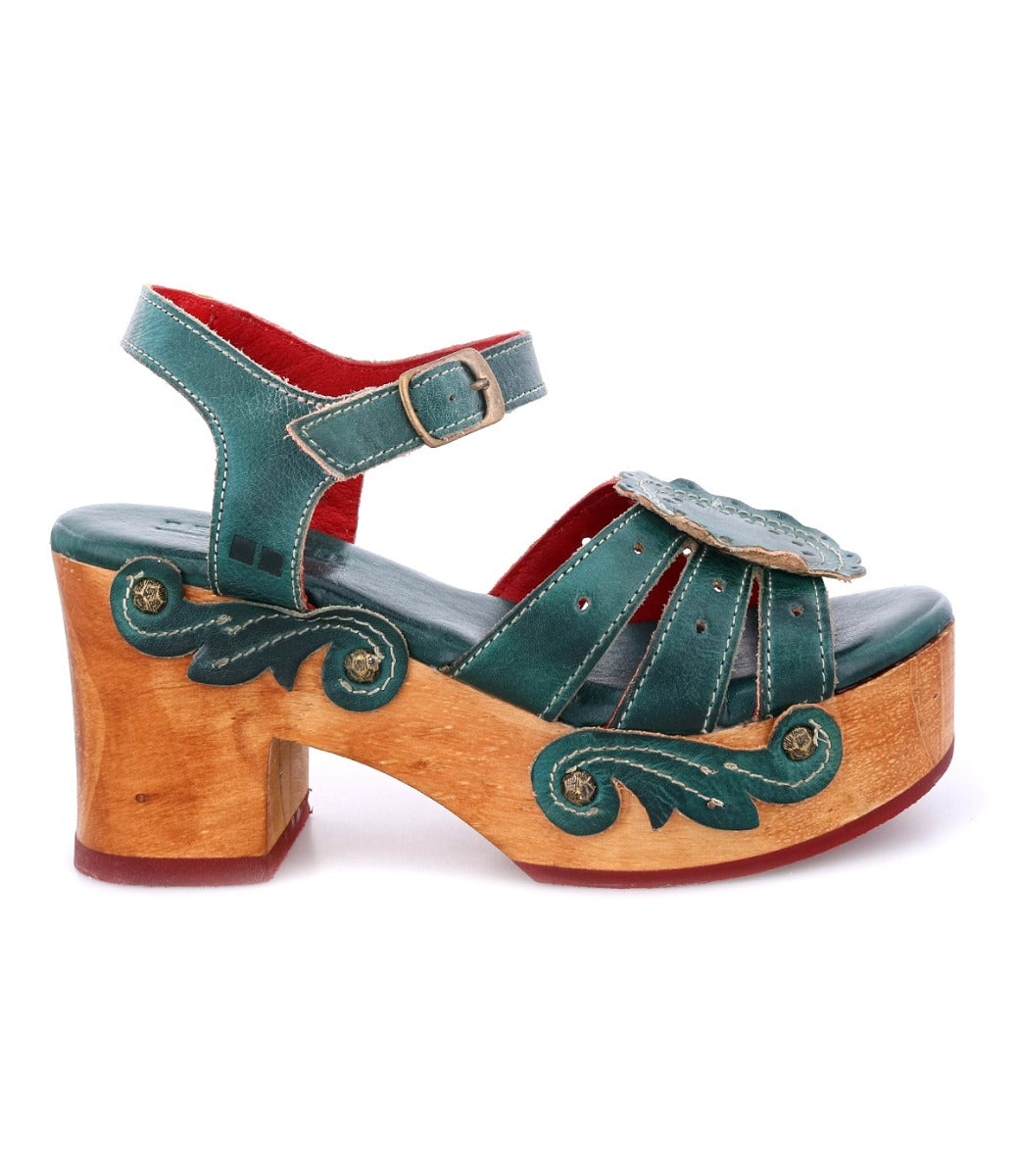 Dark teal Sabine sandals with a wooden platform, from the brand Bed Stu.