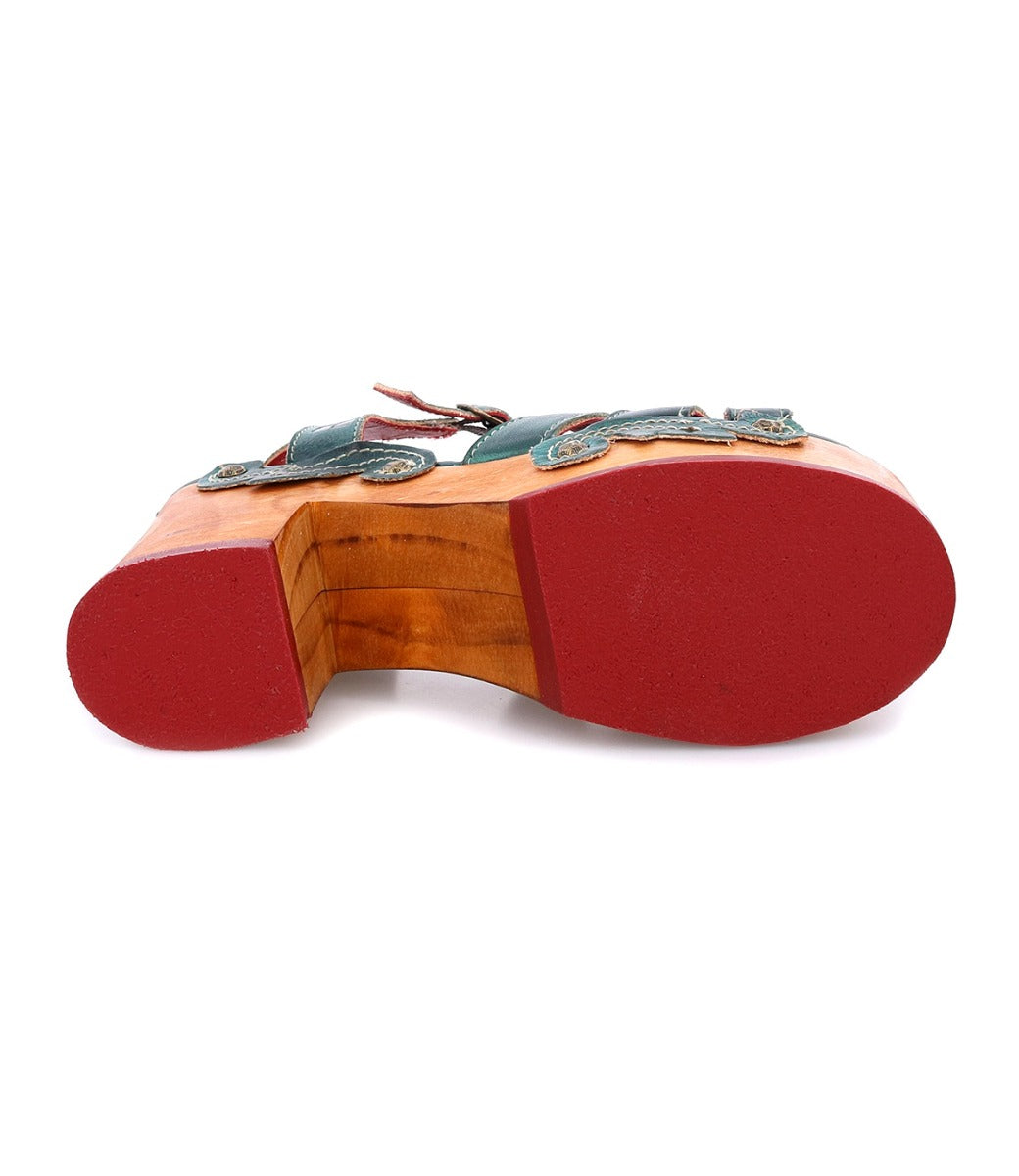 Dark teal Sabine sandals with a wooden platform, from the brand Bed Stu.