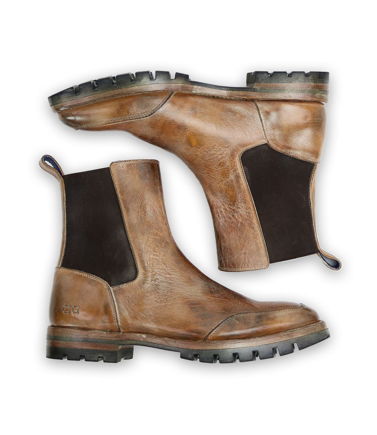 The Salatiel boots by Bed Stu are crafted using brown leather and feature black elastic side panels, a sturdy leather footbed, and rugged rubber soles.