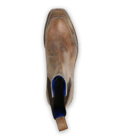 Top view of the men's Chelsea boot, Salatiel, from Bed Stu in brown leather. It showcases a slip-on design complemented by a blue interior lining, offering timeless style and unmatched comfort.