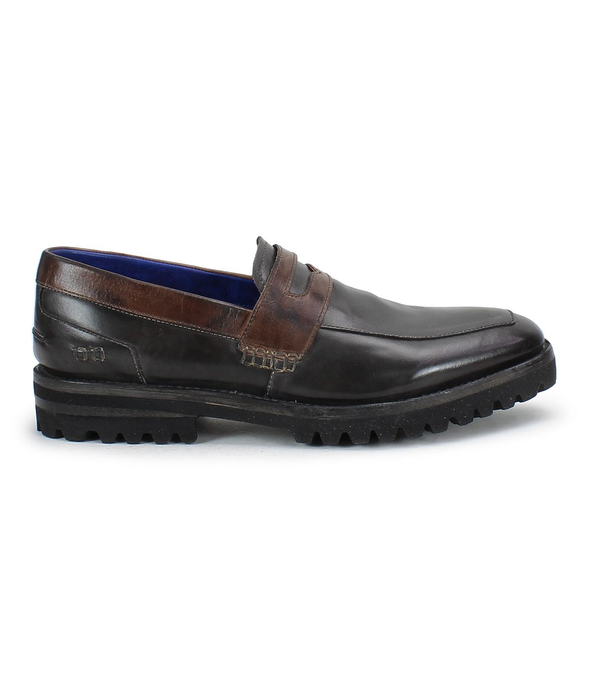 Introducing the Bed Stu Samosa: a men's penny loafer crafted from dark brown leather, showcasing a moc toe design and a chunky black sole, offering timeless appeal and refined charm.