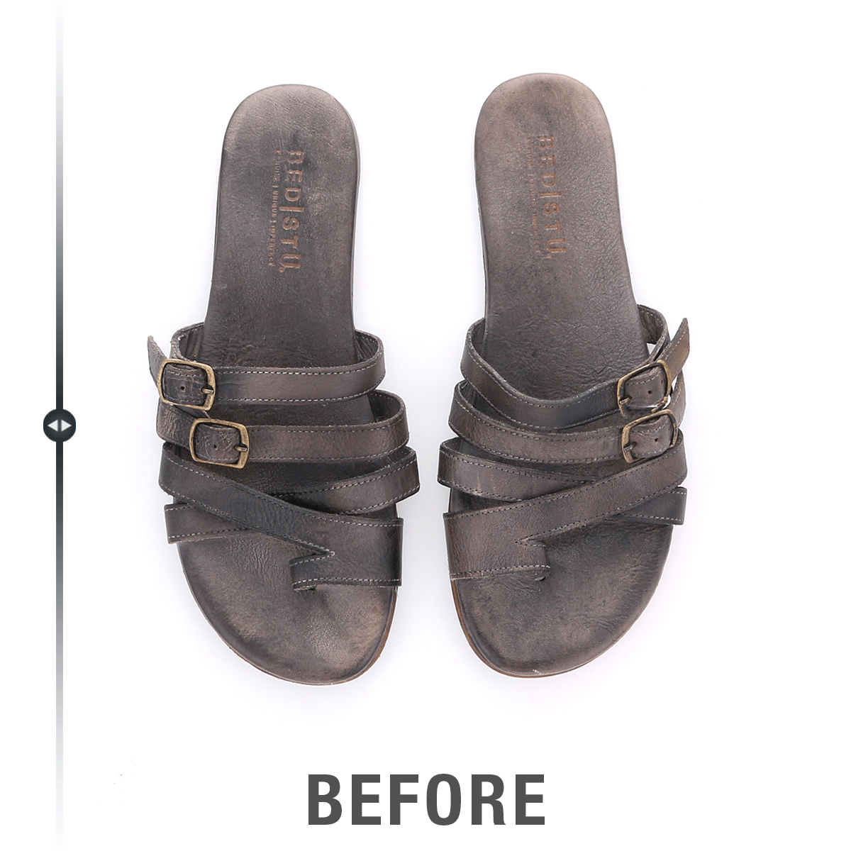 Pair of worn brown leather sandals displayed with a label "before Bed Stu Sandal Restoration.