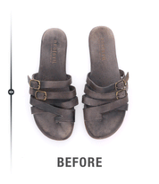 Pair of worn brown leather sandals displayed with a label "before Bed Stu Sandal Restoration.
